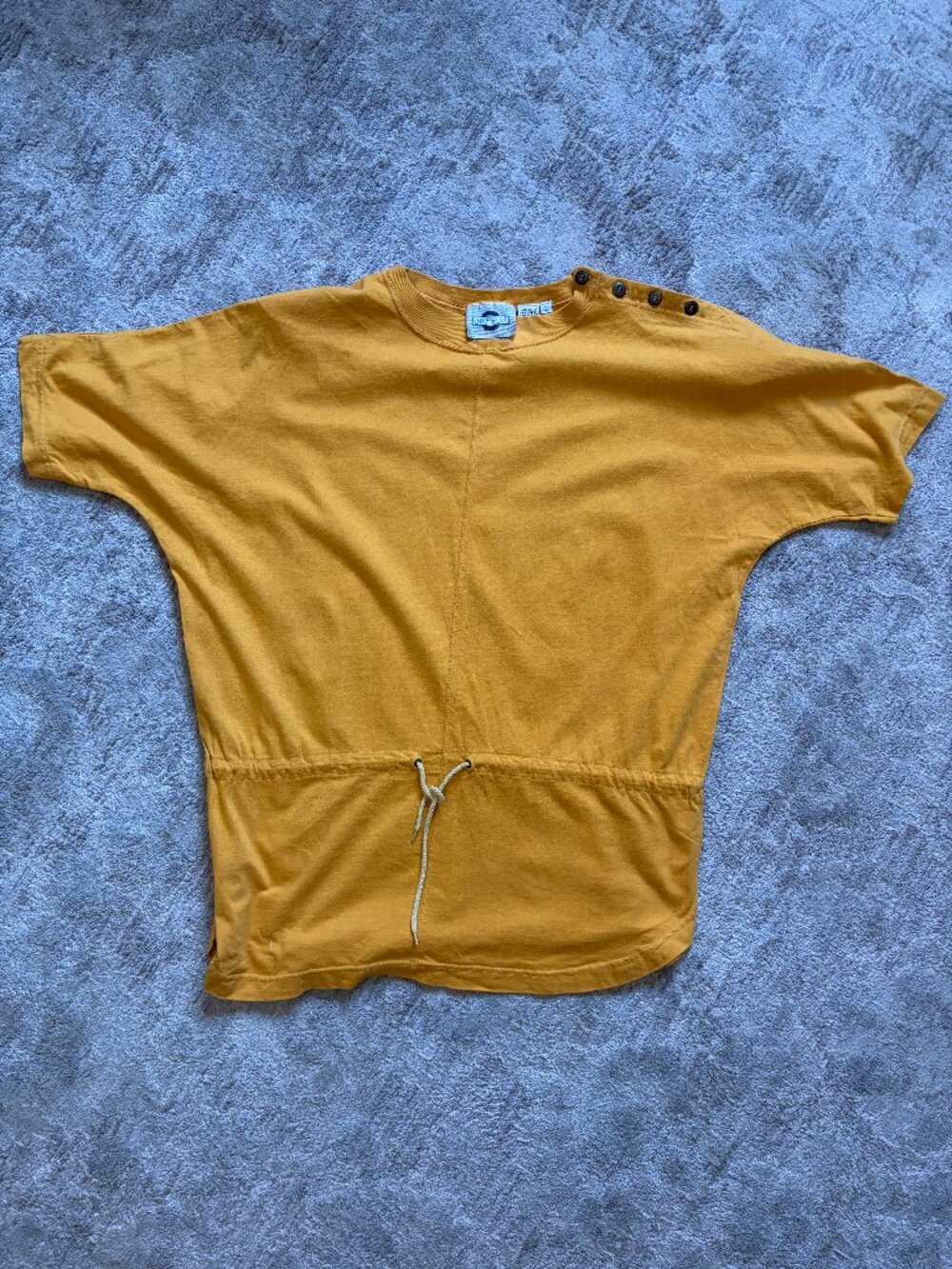 Vintage 80s Chaussport Mustard Yellow Cotton Top | Shoulder Buttons, Cinch Waist